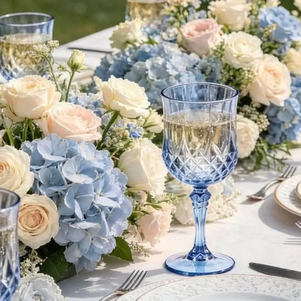 Set of 11 Blue Acrylic Diamond Pattern Wine Goblets